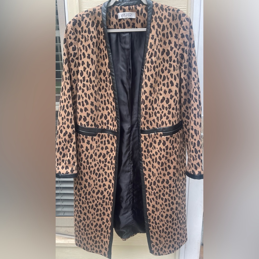 Kasper Animal-Print Faux-Leather-Trim Open-Front Jacquard Jacket Sz 16 - Picture 2 of 5